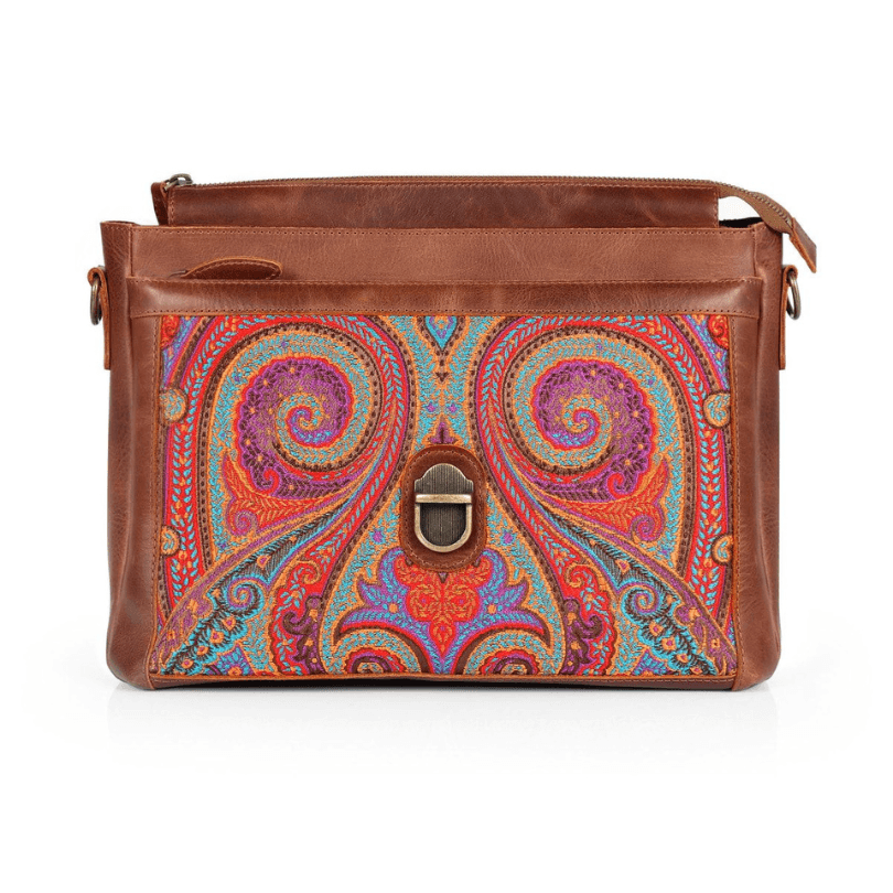 Antalya Harmony Crossbody – Premium Leather Laptop-Compatible Shoulder Bag in Brown Paisley by HappyNear Exclusive