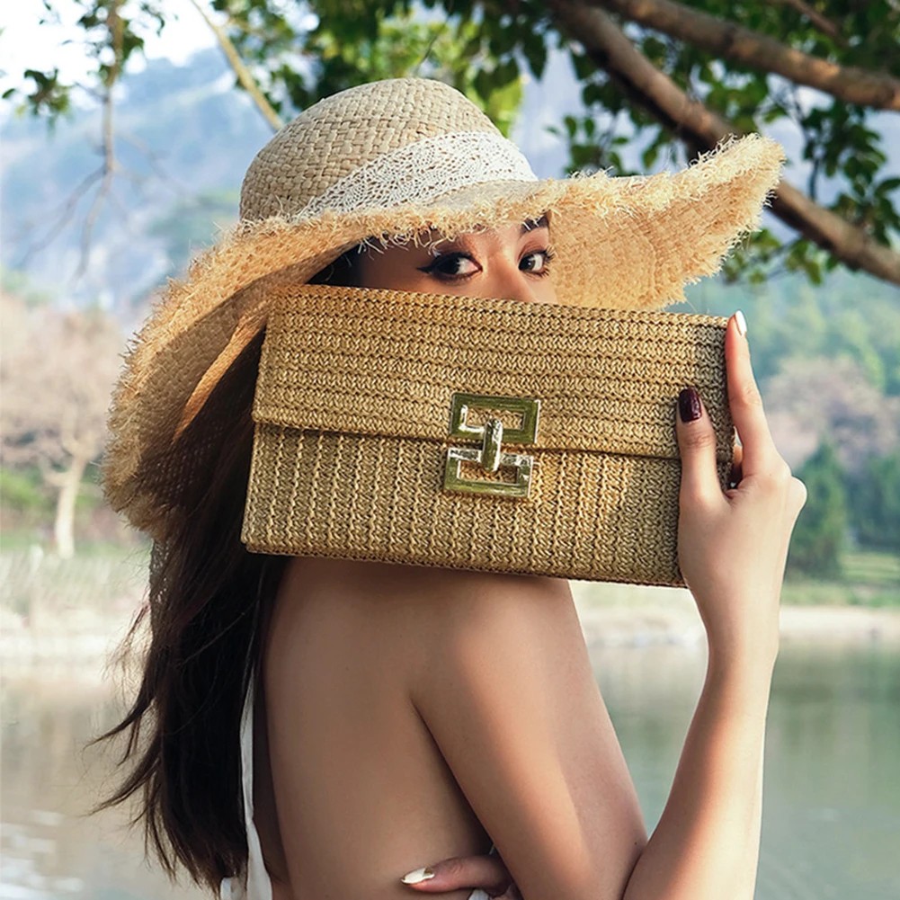 Straw Woven Clutch for Women – Raffia Crochet Beach Rattan Bag, Summer Party Wedding Evening Purse, Casual Luxury Handbag