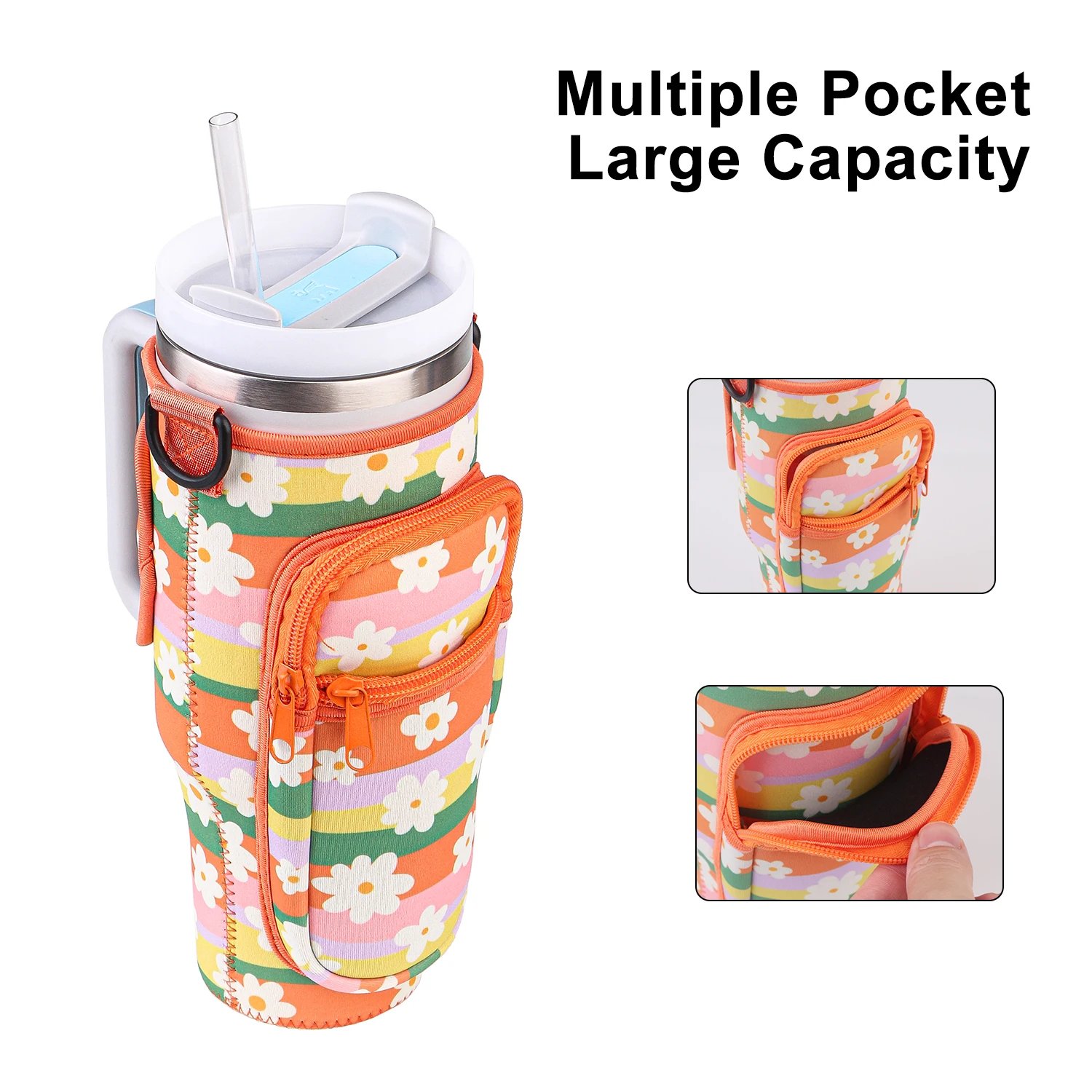 Adjustable Water Bottle Carrier Bag with Keychain and Storage – Multipurpose Neoprene Sleeve for 40oz Tumblers (8 Colors Available)