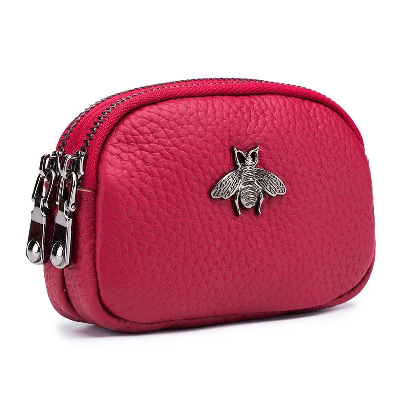 Women’s Genuine Leather Double Zipper Coin Purse - Bee Design, Compact & Stylish Wallet - Available in Black, Red, Green, Blue, and Pink