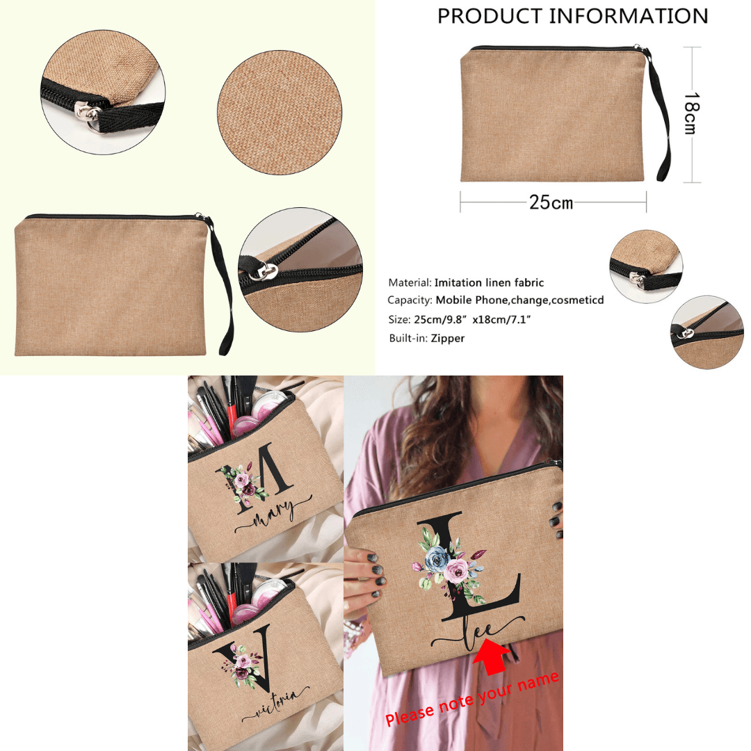 Personalized Linen Makeup Bag - Custom Name Bridesmaid Clutch, Travel Cosmetic Pouch, Bachelor Party Gift