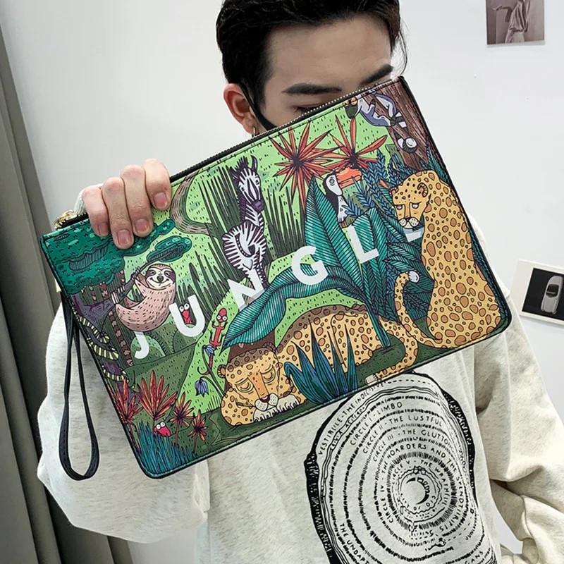 Jungle Animal Print Men's Leather Clutch Bag - High Capacity Fashion Envelope Phone Bag