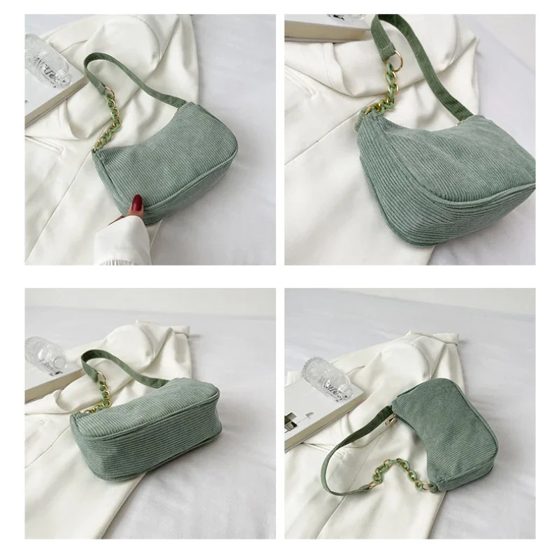 Vintage Corduroy Shoulder Bag for Women - Trendy Underarm Handbag with Chain Strap, Casual Everyday Purse in Multiple Colors