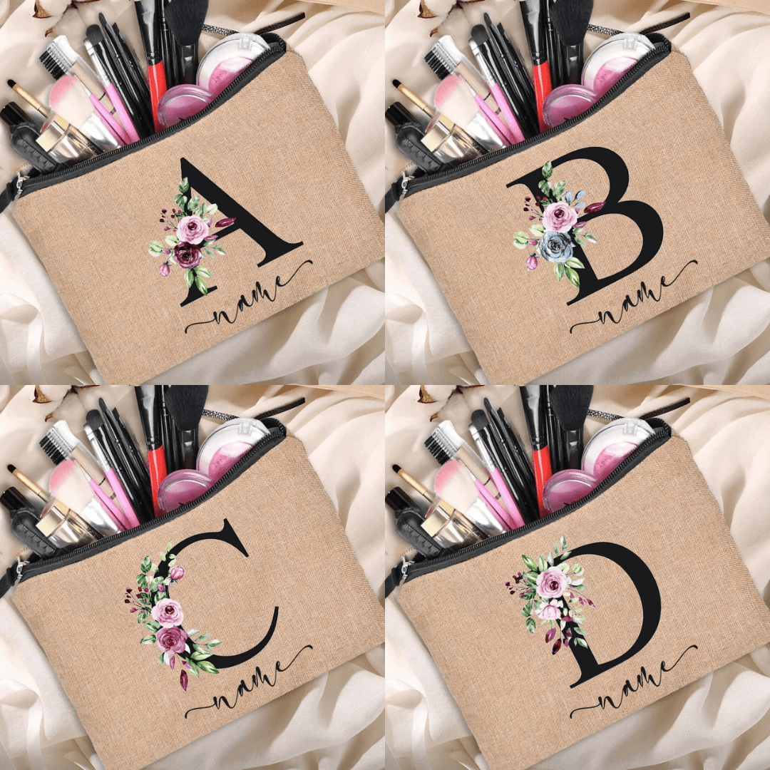 Personalized Linen Makeup Bag - Custom Name Bridesmaid Clutch, Travel Cosmetic Pouch, Bachelor Party Gift