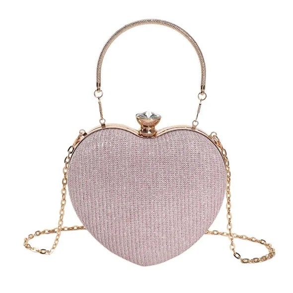 Heart-Shaped Evening Clutch Bag – Shiny Metal Crossbody Purse with Chain Strap for Women