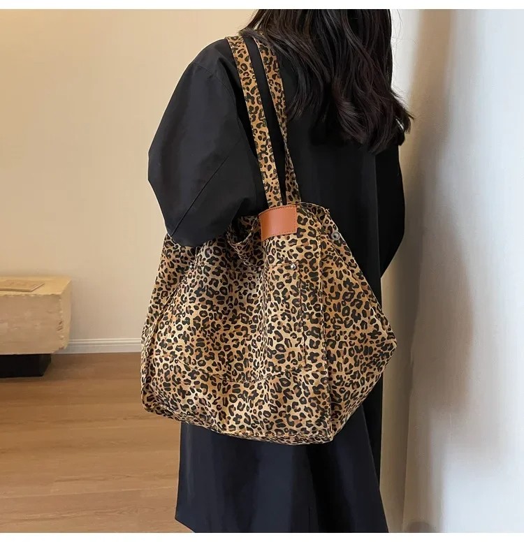 Leopard Print Large Tote Bag - Korean Fashion Shoulder Bag for Women - Black and Brown Variants