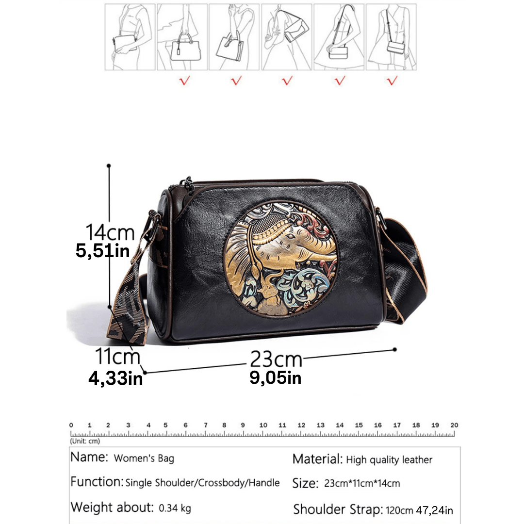 Vintage Embroidered Leather Shoulder Bag for Women - Elephant Design Crossbody Messenger Bag - White, Brown, Black