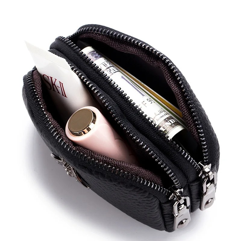 Women’s Genuine Leather Double Zipper Coin Purse - Bee Design, Compact & Stylish Wallet - Available in Black, Red, Green, Blue, and Pink