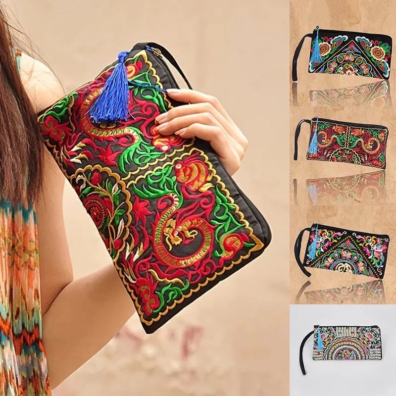 Ethnic Floral Embroidered Wristlet Clutch – Elegant Evening Bag for Women | Available in Multicolor Variants