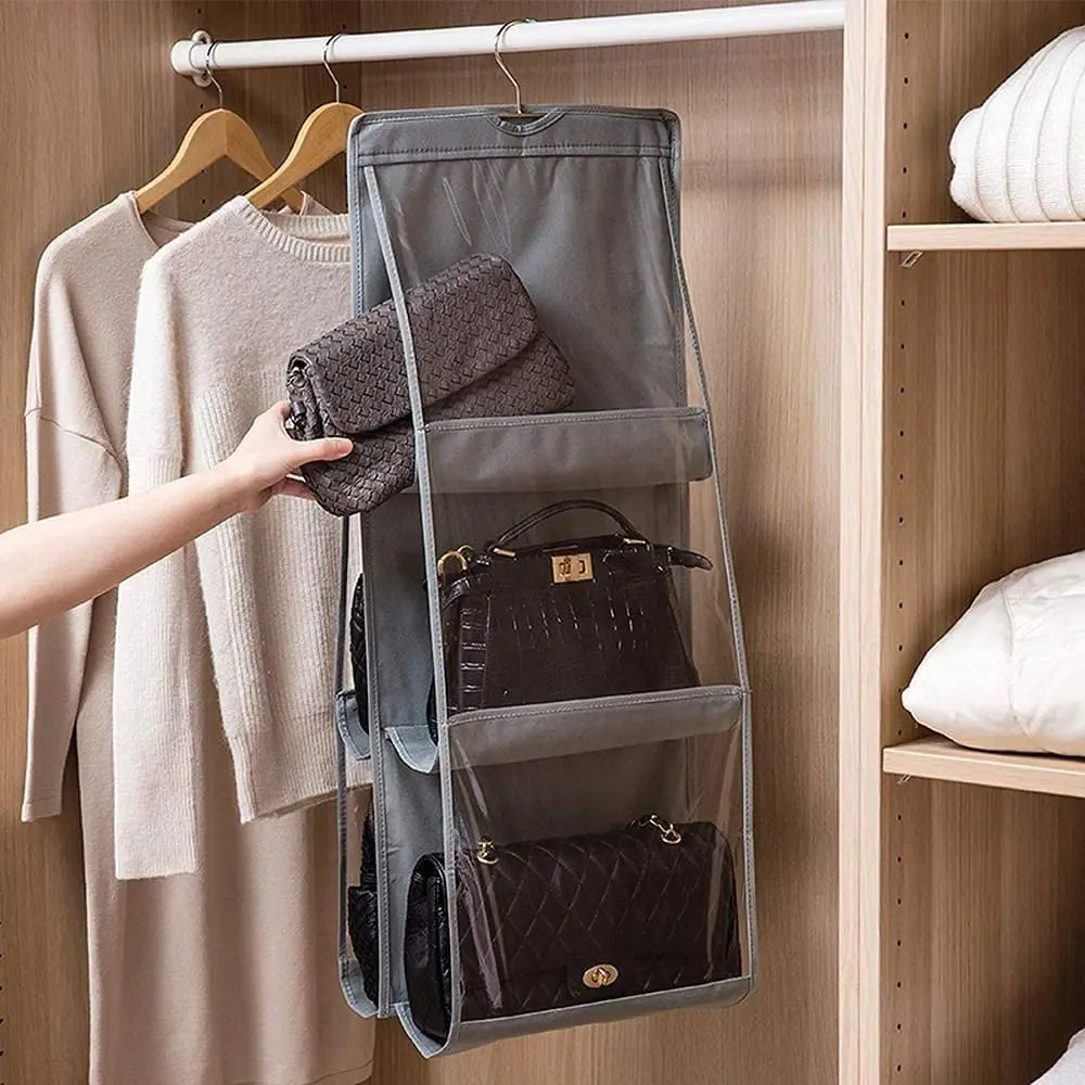 Hanging Handbag Organizer for Closet - Transparent 6-Grid Storage Bag with Rotating Hook (Available in Gray and Black)