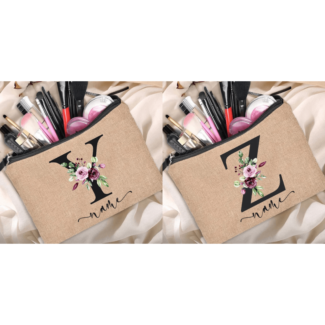 Personalized Linen Makeup Bag - Custom Name Bridesmaid Clutch, Travel Cosmetic Pouch, Bachelor Party Gift