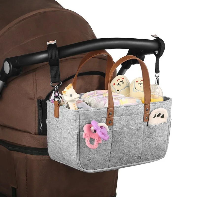 Baby Felt Storage Nursery Organizer Basket with Leather Handles – Infant Diaper Bag, Changing Caddy, and Large Storage Pocket for Nappy and Kids' Essentials (Dark Grey)