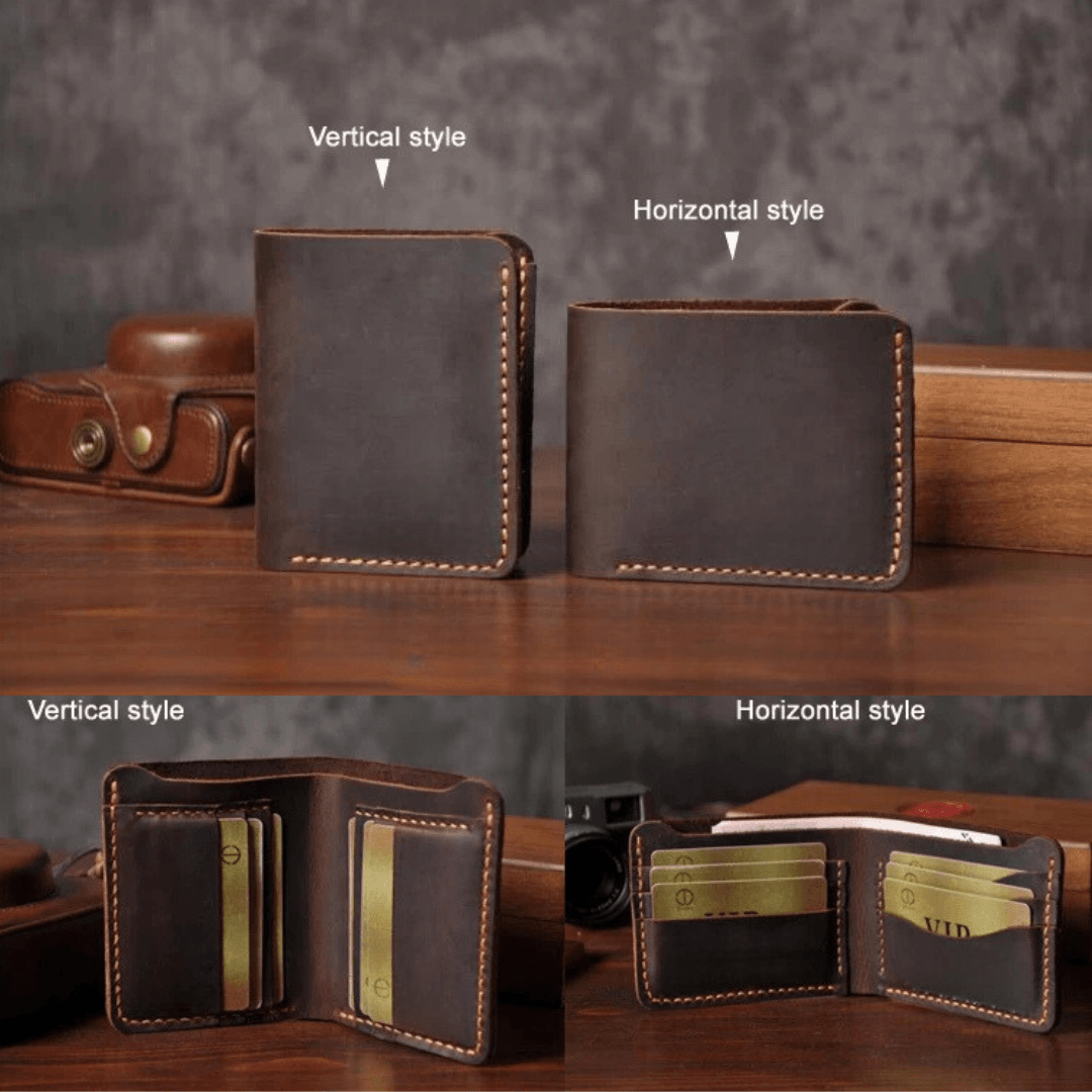 Handmade Vintage Crazy Horse Genuine Leather Wallet – Classic Men's Money Clip with Durable Handmade Stitching Brown, Black and more