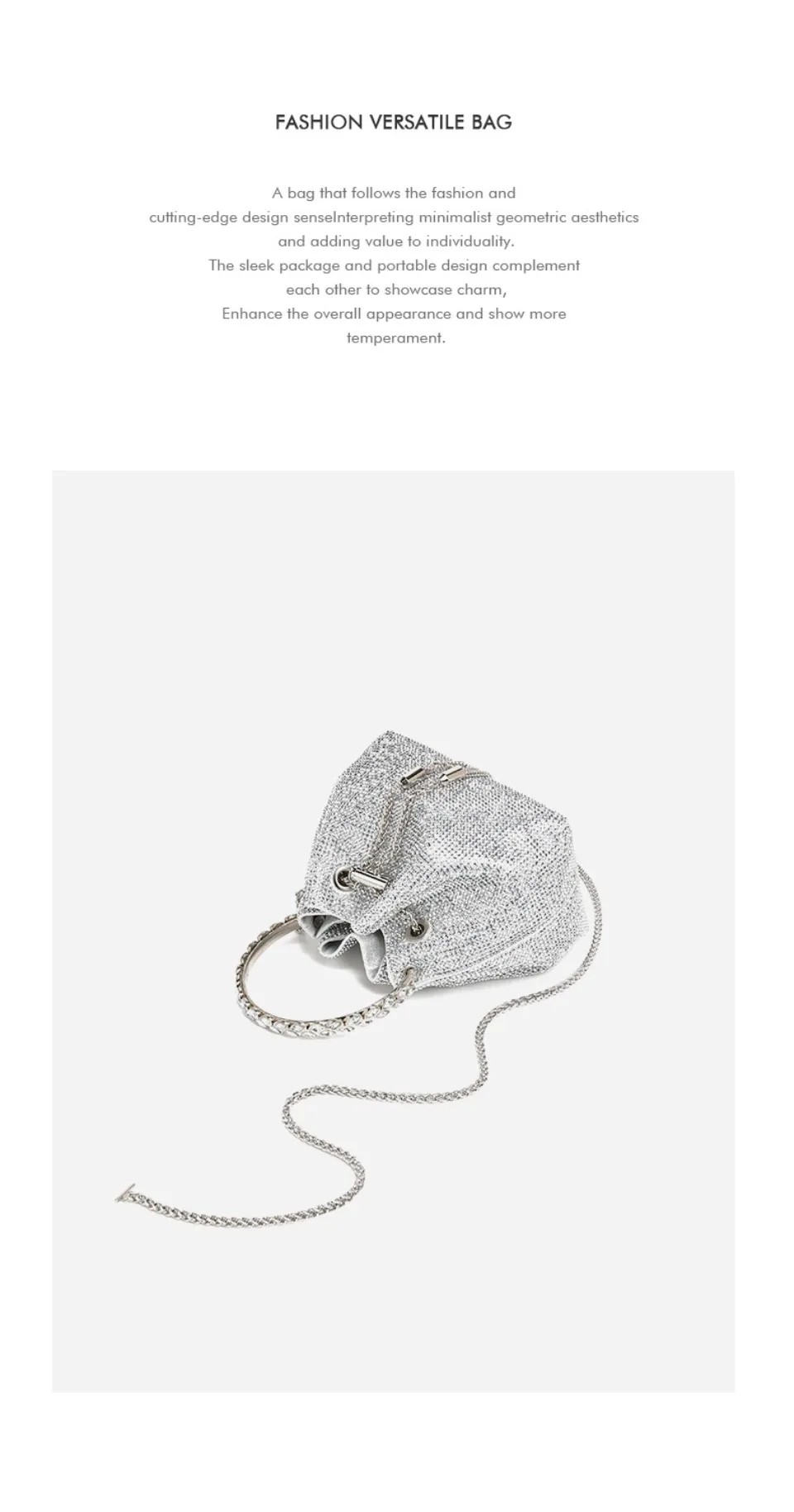 Luxury Rhinestone Evening Bag - Classic Sparkle Bucket Bag with Tassel, Metallic Handle & Chain Strap - Available in Silver, Black, Gold