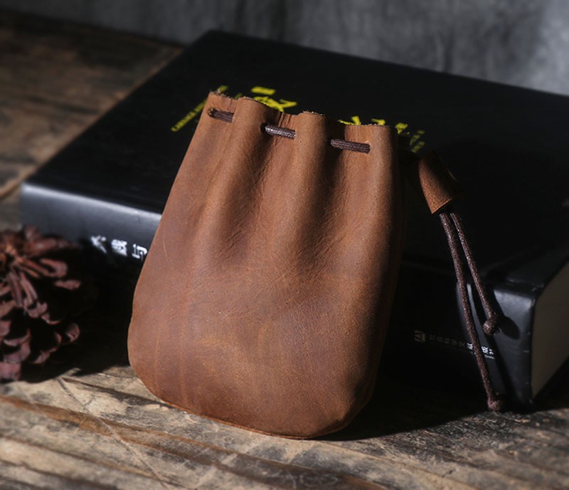Vintage Leather Coin Purse – Genuine Handmade Drawstring Pouch for Men & Women, Compact Storage Bag – Brown, Black, Camel Colors