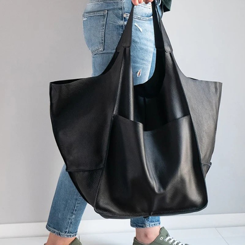 Elegant Large Capacity Leather Tote Bag – Retro Handmade Shoulder Bag for Women | High-Capacity Beach & Shopping Handbag