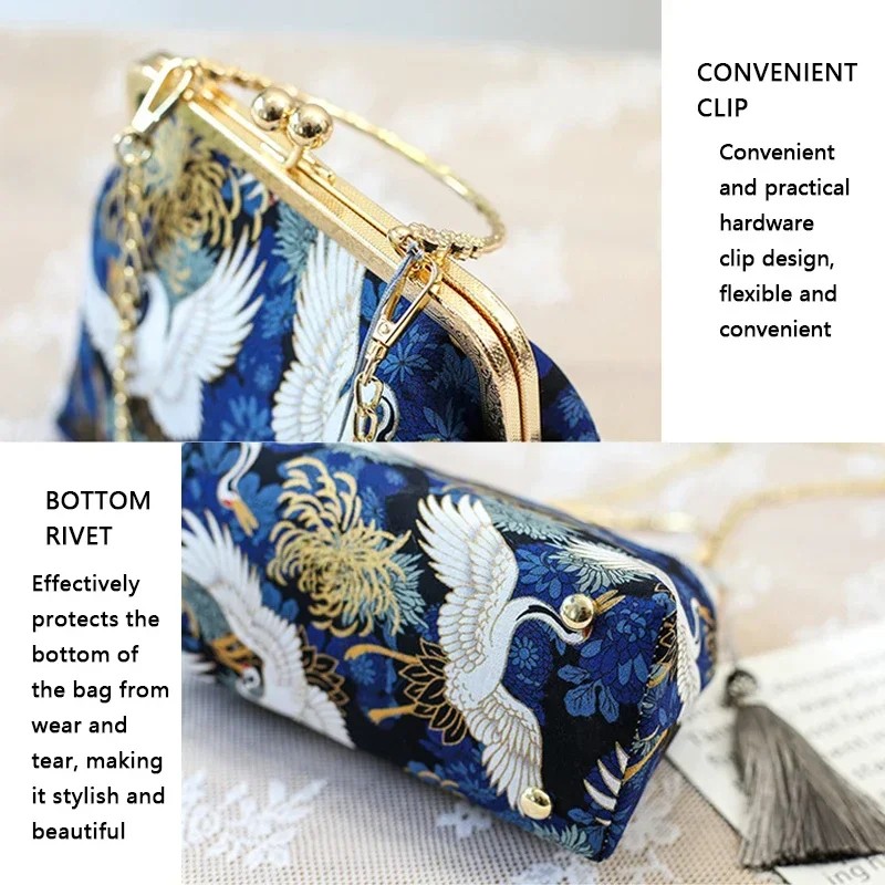 Luxury Embroidered Vintage Fringe Handbag with Crane Design – Women's Shell Purse in Blue & Black Variants