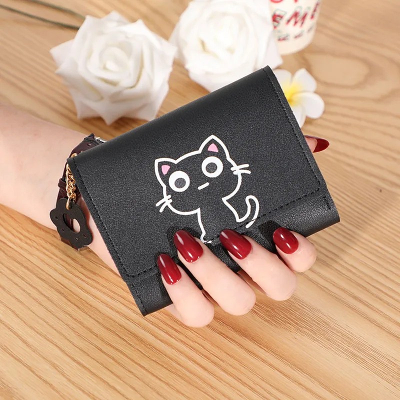 Women's Cute Cat Wallet - Small PU Leather Card Holder with Adorable Paw Charm - Multiple Colors Available