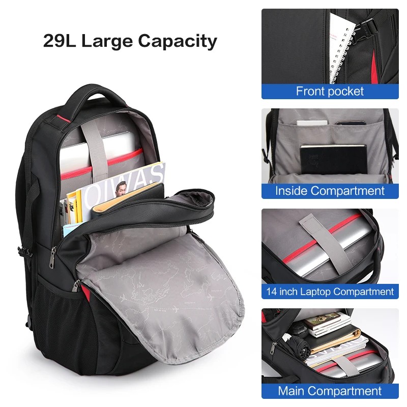 29L Waterproof Laptop Backpack – Durable Travel Bag with 14-Inch Laptop Compartment, Black