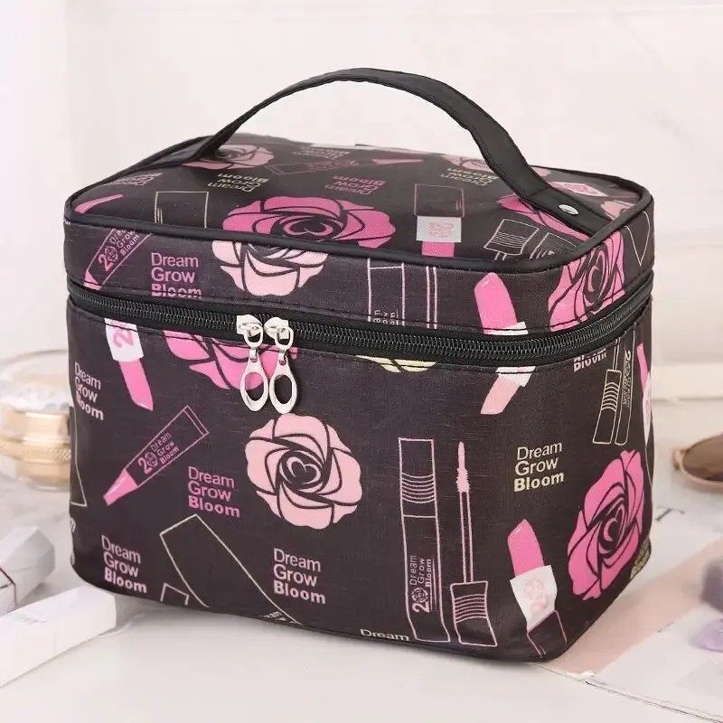 Portable Travel Makeup Bag – Waterproof Large-Capacity Cosmetic Organizer with Stylish Print, Available in Black Rose and More