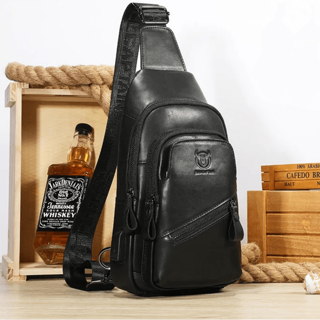 BullCaptain Men's Genuine Leather Chest Bag with USB Charging Port - Stylish, Large Capacity Crossbody Shoulder Bag