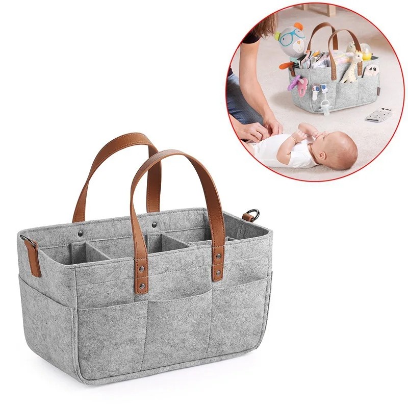 Baby Felt Storage Nursery Organizer Basket with Leather Handles – Infant Diaper Bag, Changing Caddy, and Large Storage Pocket for Nappy and Kids' Essentials (Dark Grey)