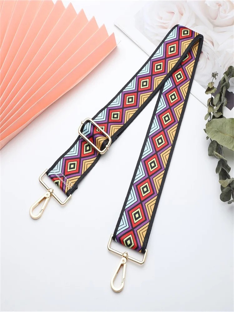 Adjustable Ethnic Print Wide Shoulder Bag Strap – Durable Nylon Crossbody Strap with Colorful Design and Gold Buckles