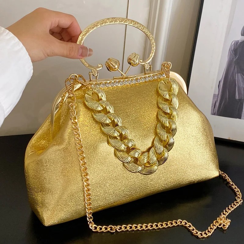 Luxury Leather Women's Bag with Gold Chain - Designer Clutch Bag with PU Leather Shell Clasp for Women