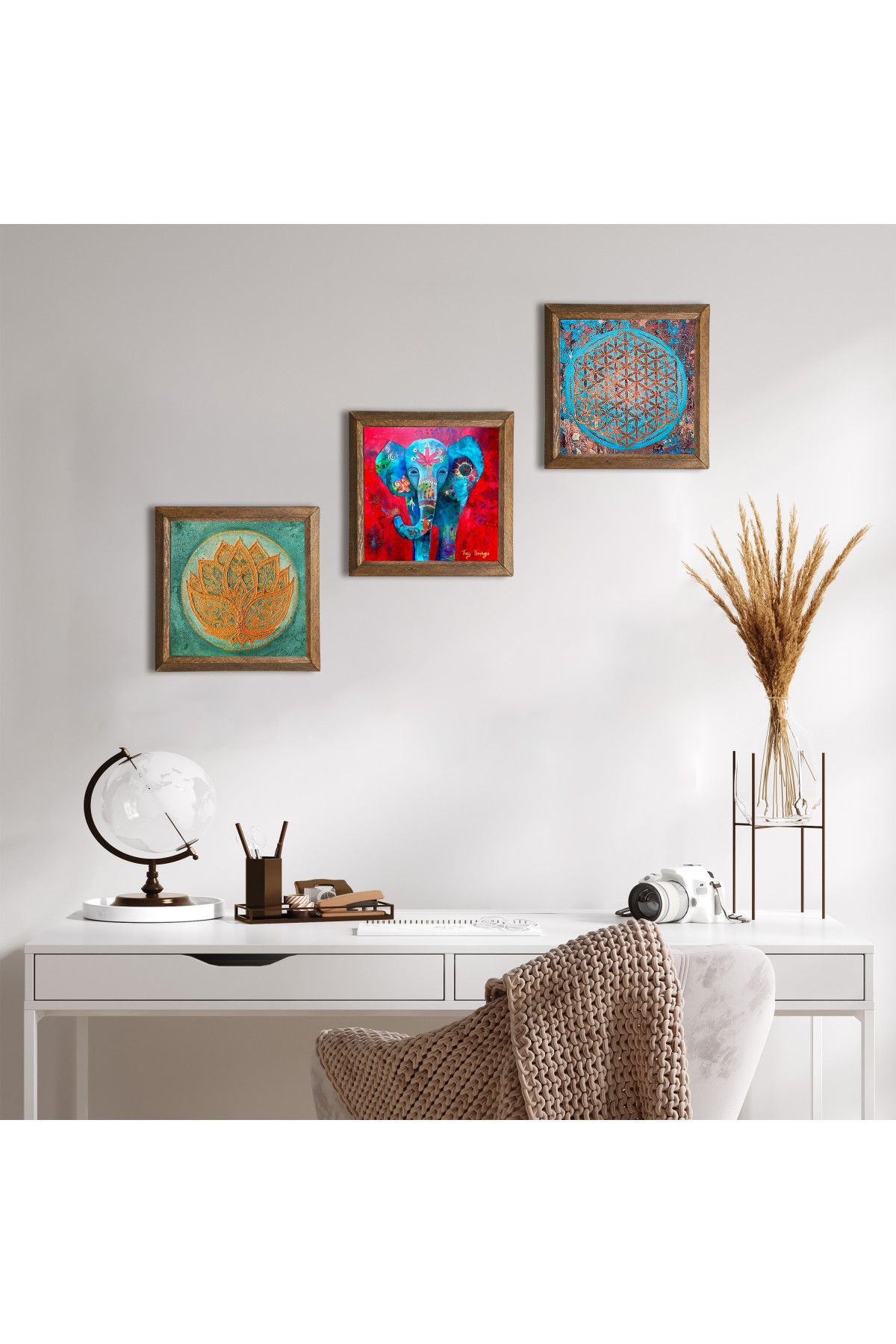 Elephant, Flower of Life, Lotus Flower Stone Wall Painting Wooden Framed Wall Decor 3 Piece Painting Set Wall Art