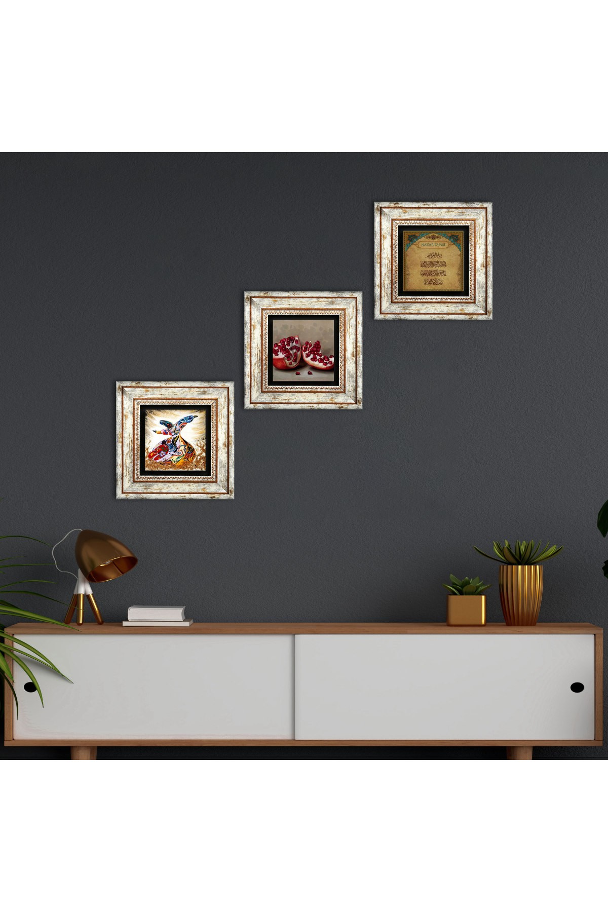 Nazar Duası, Semazen, Nar Taş Duvar Tablosu Çerçeveli Duvar Dekoru 3 Parça Tablo Seti Wall Art