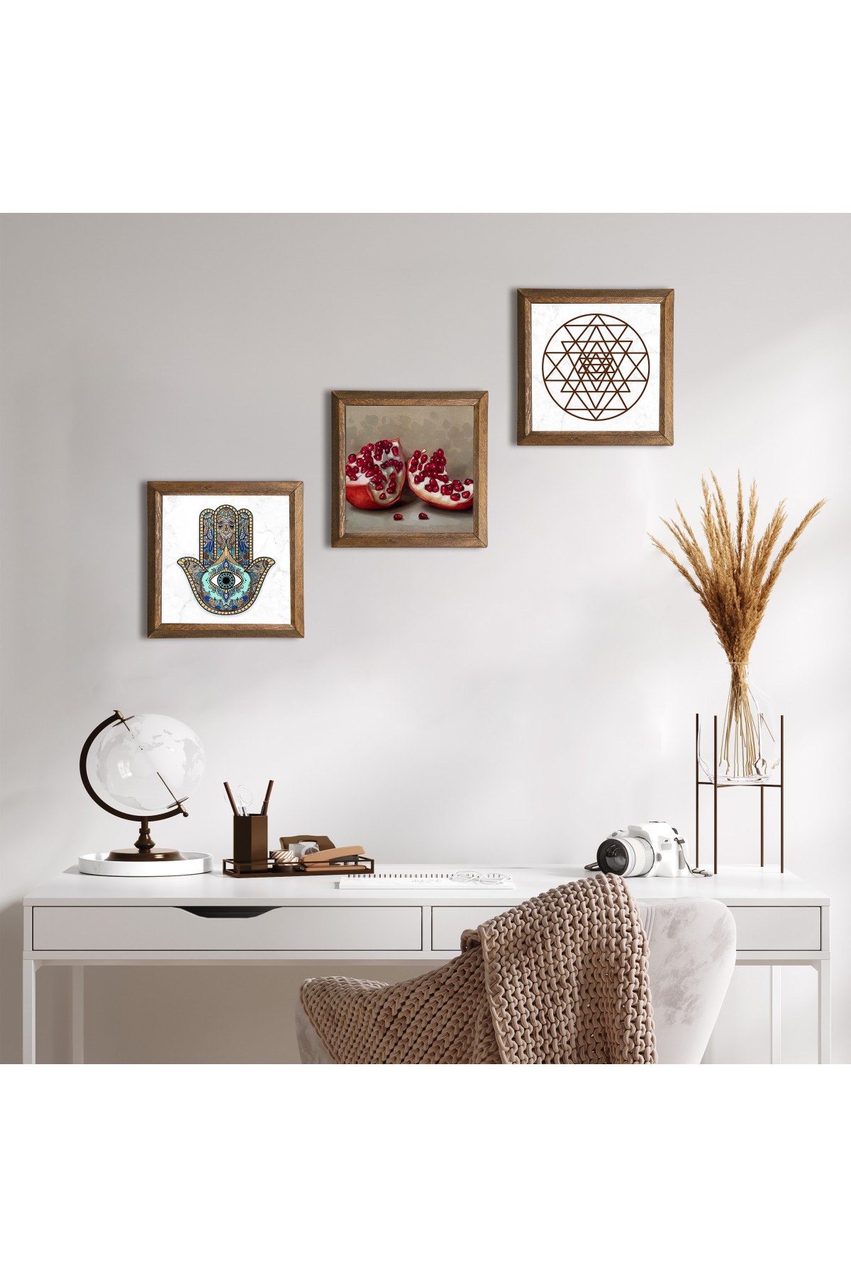 Sri Yantra, Nar, Fatma Ana Eli (Hamsa) Taş Duvar Tablosu Ahşap Çerçeveli Duvar Dekoru 3 Parça Tablo Seti Wall Art