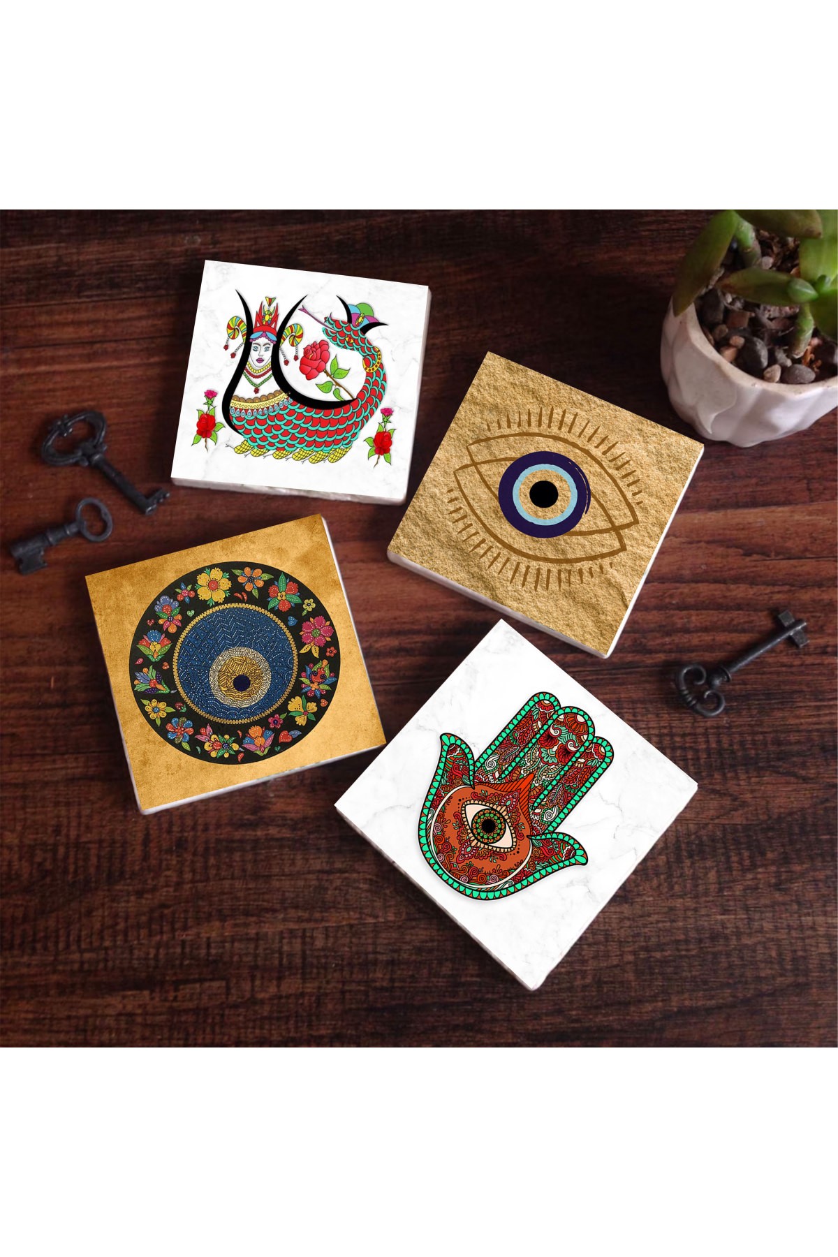 Evil Eye, Mother of Fatma Hand (Hamsa), Shahmeran Stone Coaster Desktop Protective Coaster 4 Piece Set 10x10cm Stone Coasters