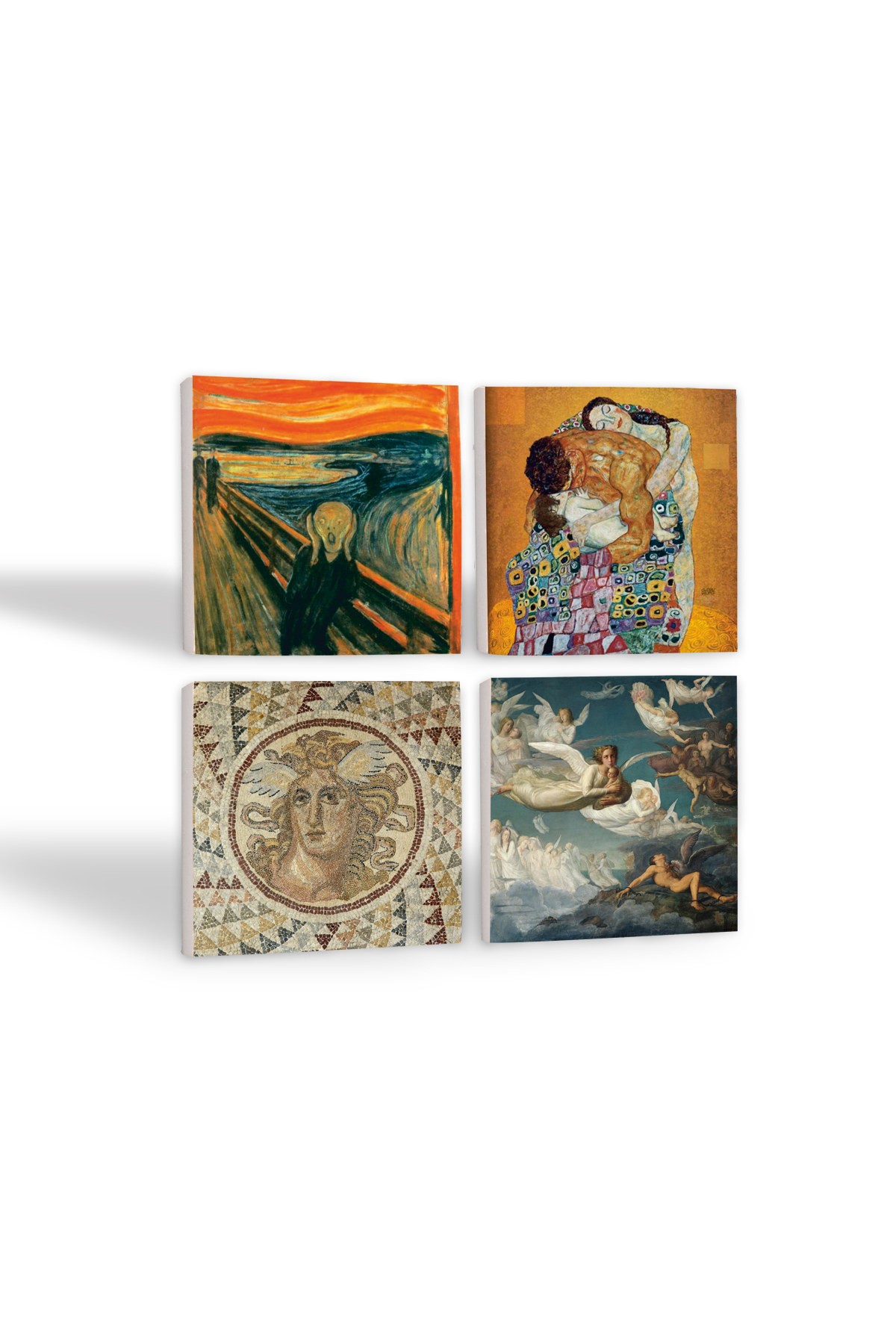 Çığlık, Mozaik Serisi, Gustav Klimt Aile Kucaklama, Ruhların Geçişi Louis Janmot Taş Bardak Altlığı Masaüstü Koruyucu Altlık 4 Parça Set 10x10cm Stone Coasters