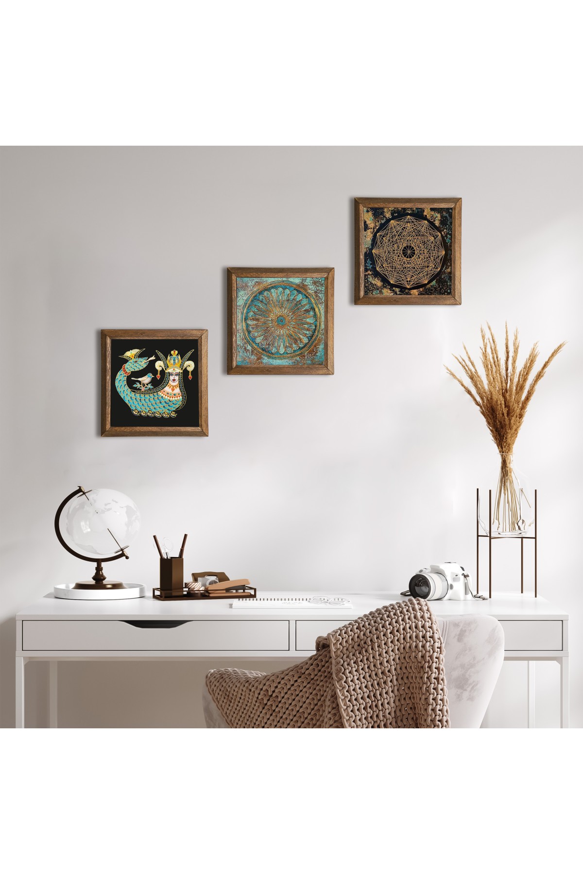 Mandala, Sri Yantra, Shahmaran Stone Wall Painting Wooden Framed Wall Decor 3 Piece Painting Set Wall Art