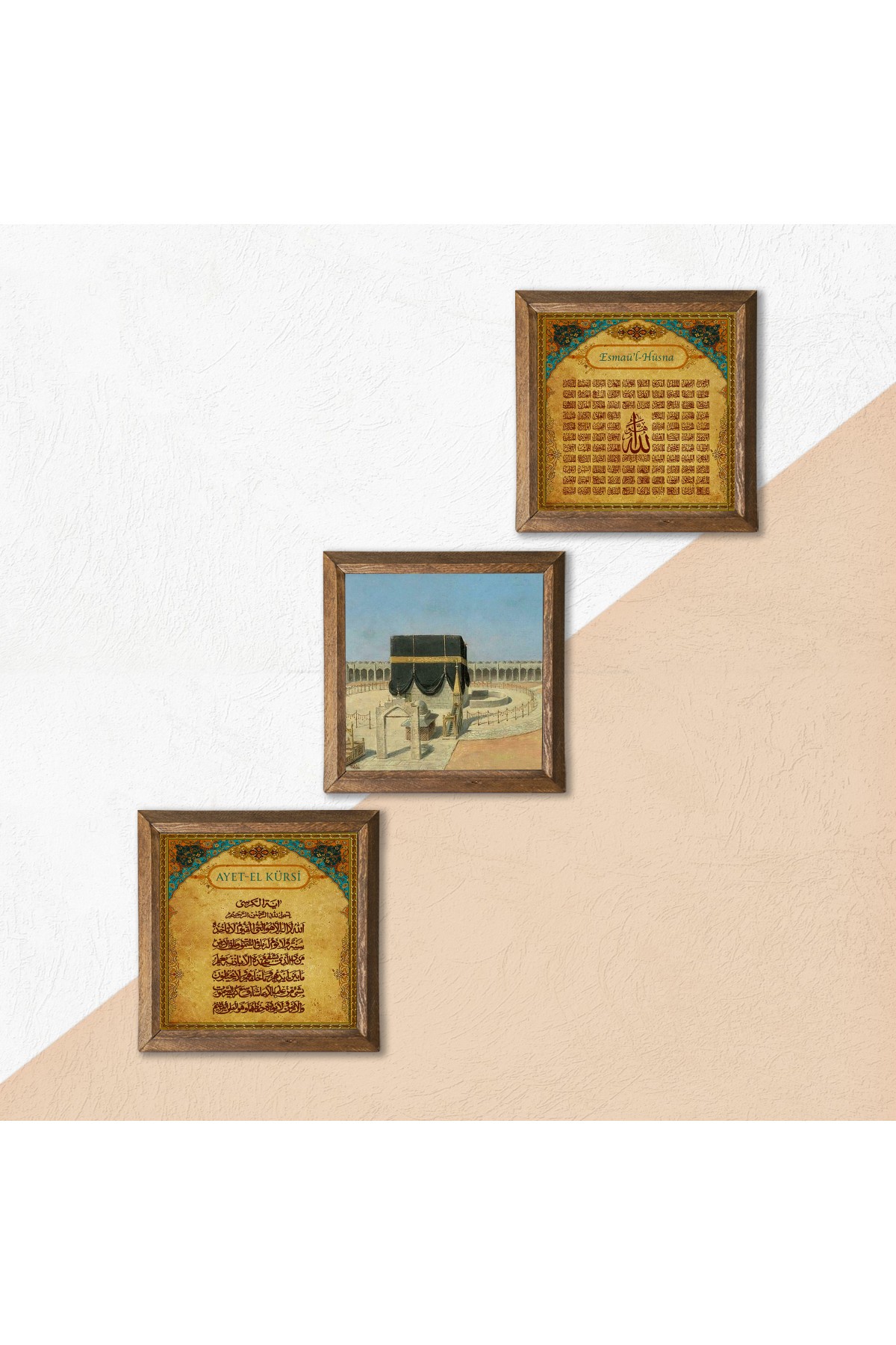 Kaaba-i Muazzama, Ayat al-Kursi, Esma'ul Husna Stone Wall Painting Wooden Framed Wall Decoration 3 Piece Painting Set Wall Art