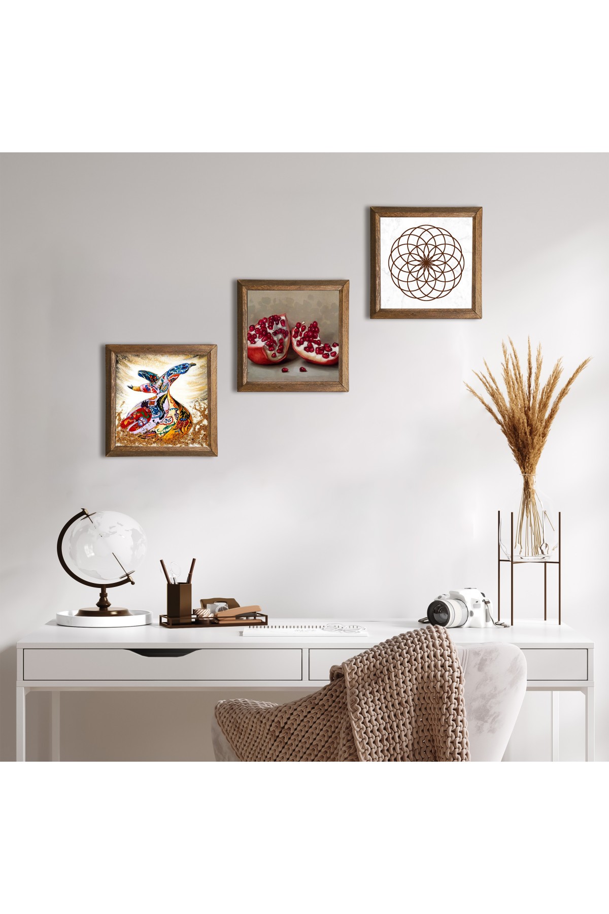 Flower of Life, Whirling Dervish, Pomegranate Stone Wall Painting Wooden Framed Wall Decor 3 Piece Painting Set Wall Art