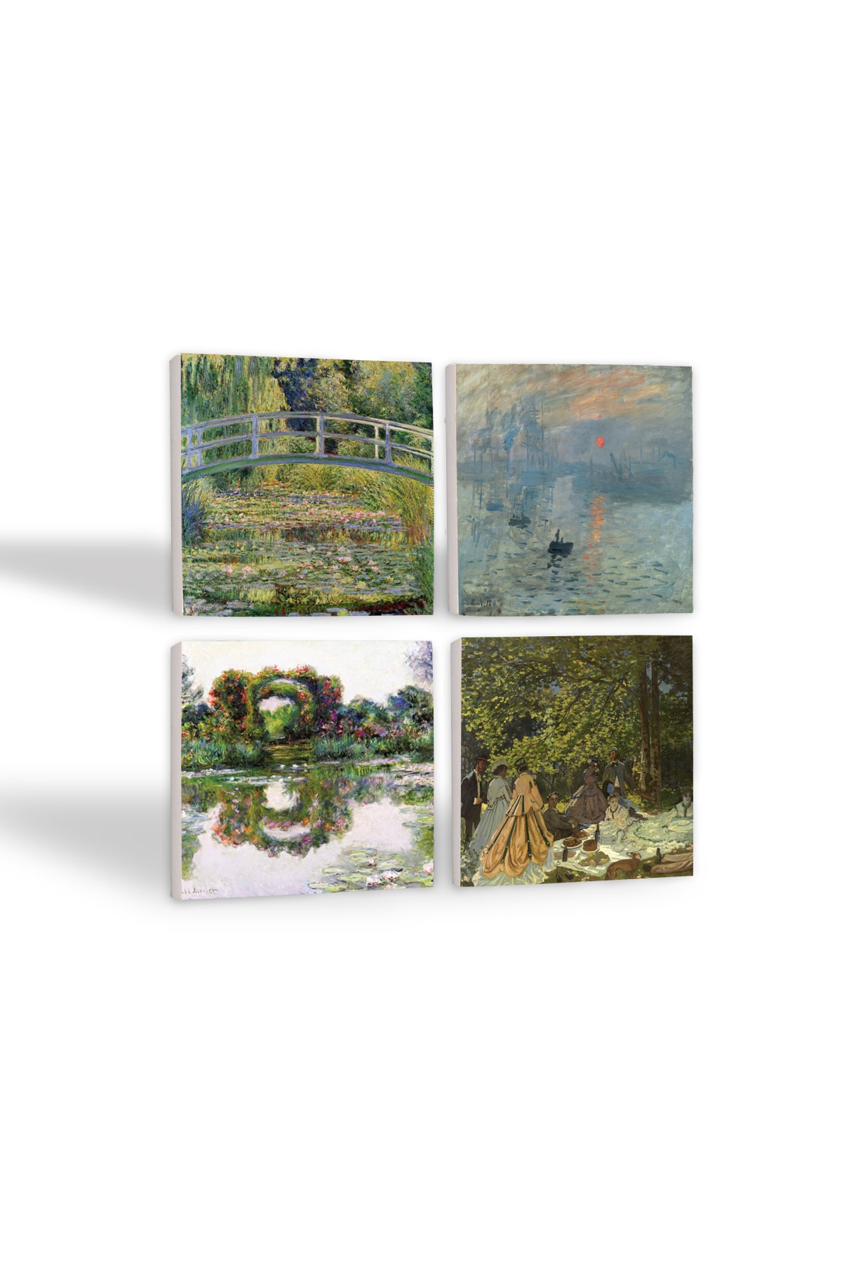 Monet Gül Çiçekli Kemer, Kırda Öğle Yemeği, İzlenim Gün Doğumu, Nilüfer Gölü Taş Bardak Altlığı Masaüstü Koruyucu Altlık 4 Parça Set 10x10cm Stone Coasters