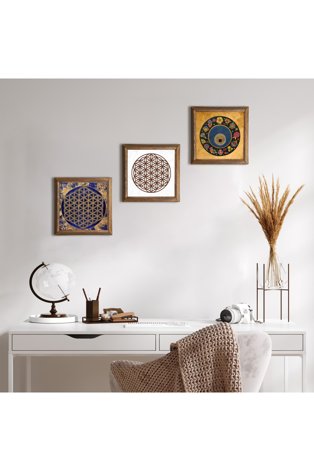 Yaşam Çiçeği, Nazar Boncuğu Taş Duvar Tablosu Ahşap Çerçeveli Duvar Dekoru 3 Parça Tablo Seti Wall Art