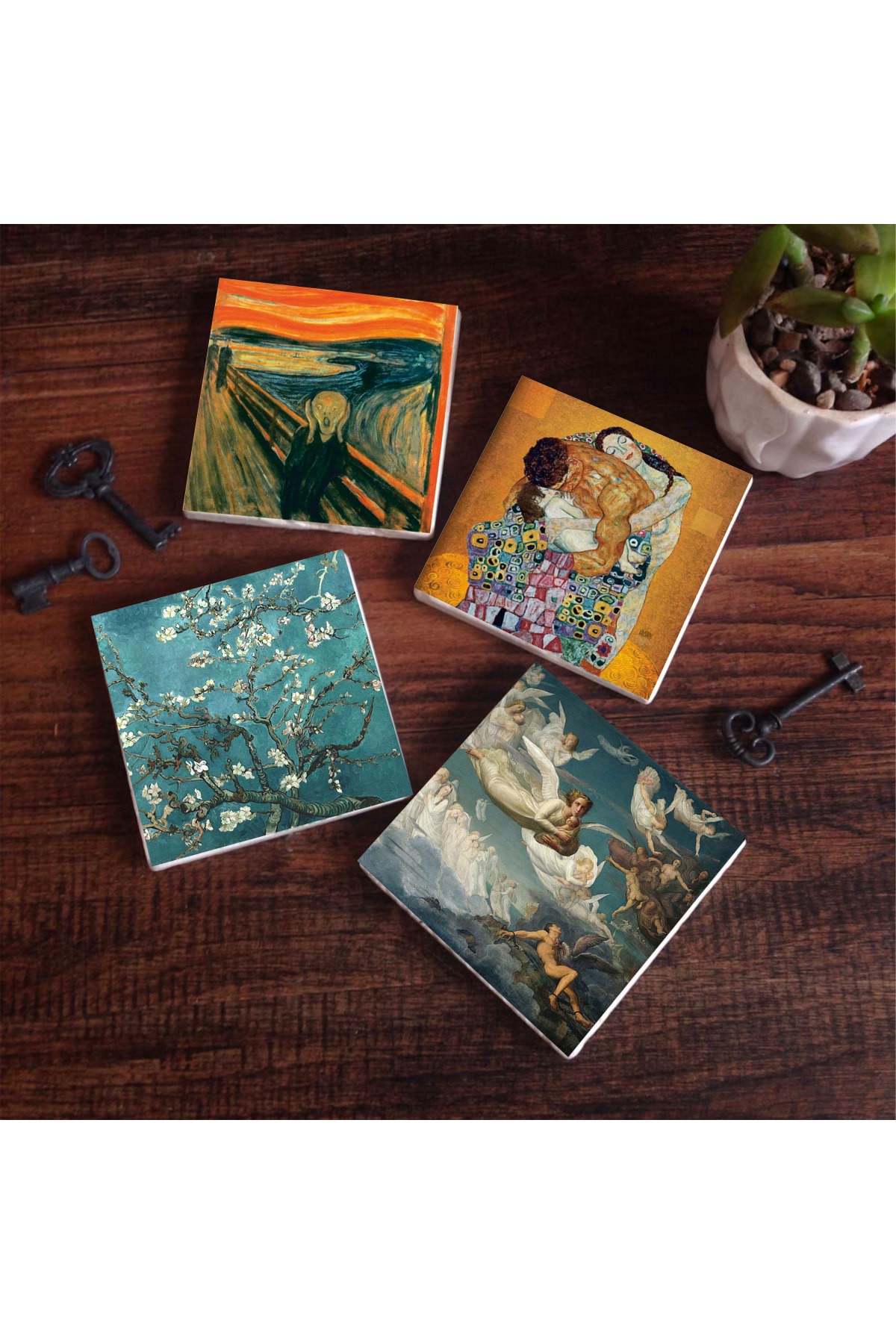 The Scream, Van Gogh Almond Tree, Gustav Klimt Family Embrace, Crossing of Spirits Stone Coasters Desktop Protective Coaster 4 Piece Set 10x10cm Stone Coasters