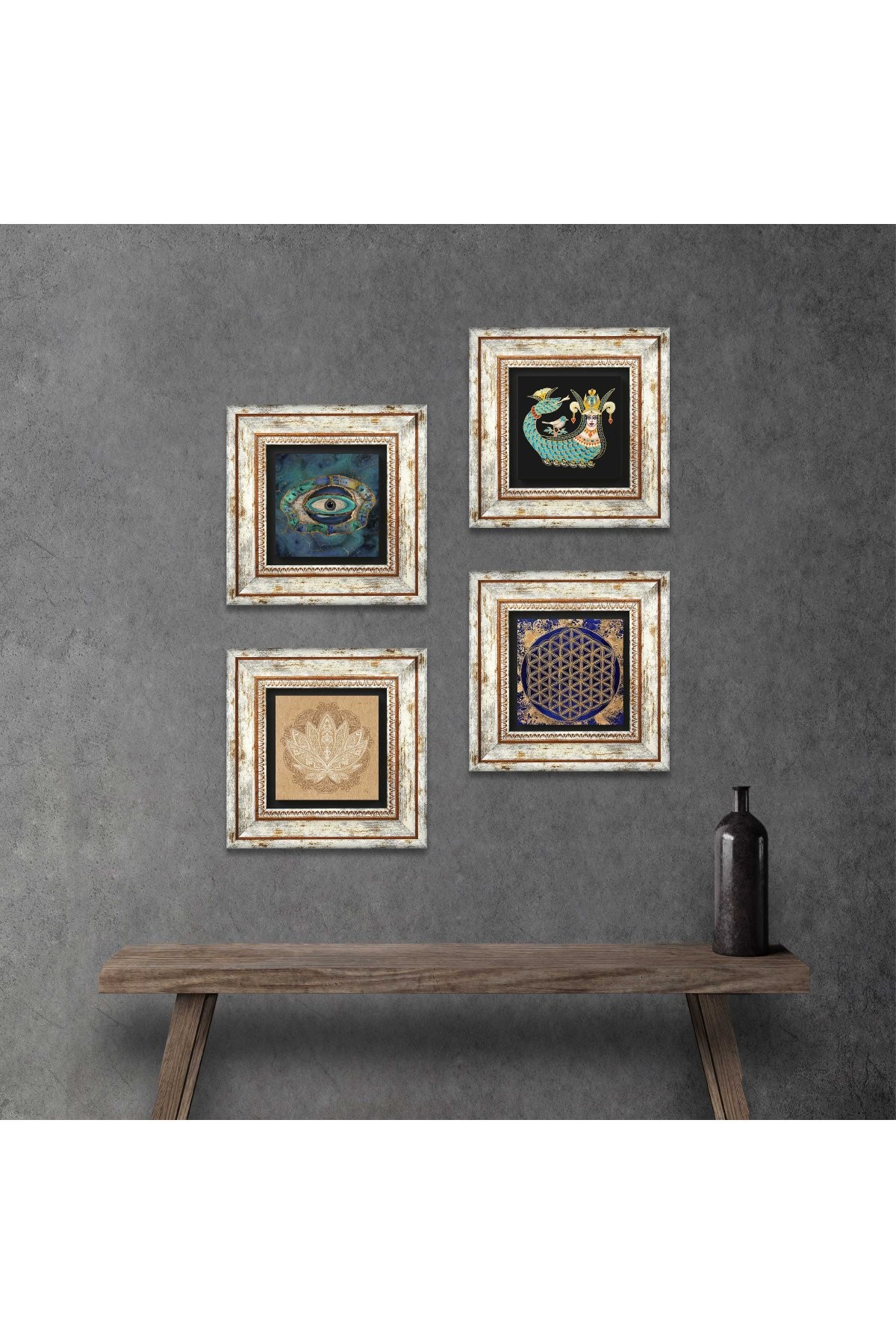 Evil Eye, Lotus Flower, Flower of Life, Shahmaran Stone Wall Painting Framed Wall Decor 4 Piece Painting Set Wall Art