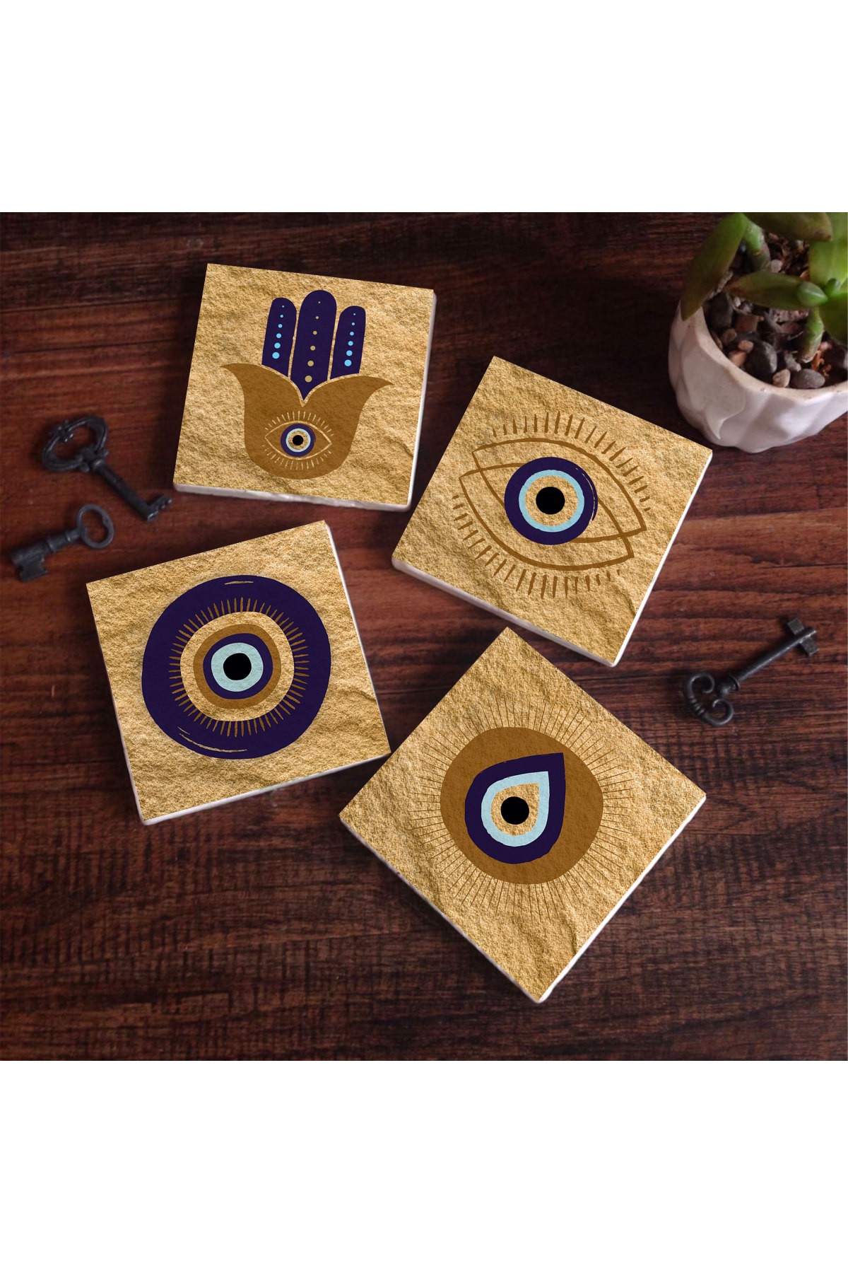 Fatma Ana Eli (Hamsa), Nazar Taş Bardak Altlığı Masaüstü Koruyucu Altlık 4 Parça Set 10x10cm Stone Coasters