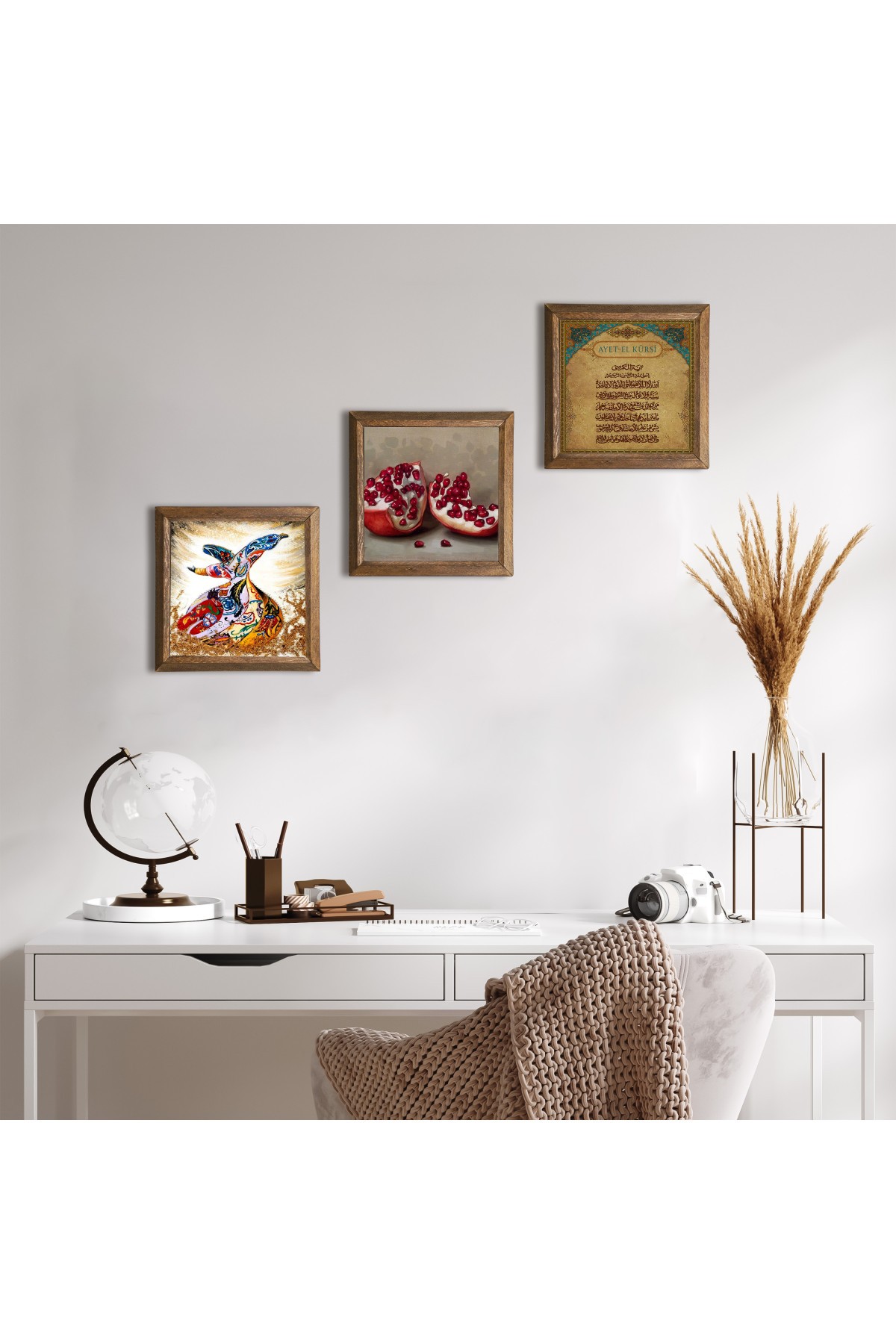 Ayet-el Kursi, Whirling Dervishes, Pomegranate Stone Wall Painting Wooden Framed Wall Decor 3 Piece Painting Set Wall Art