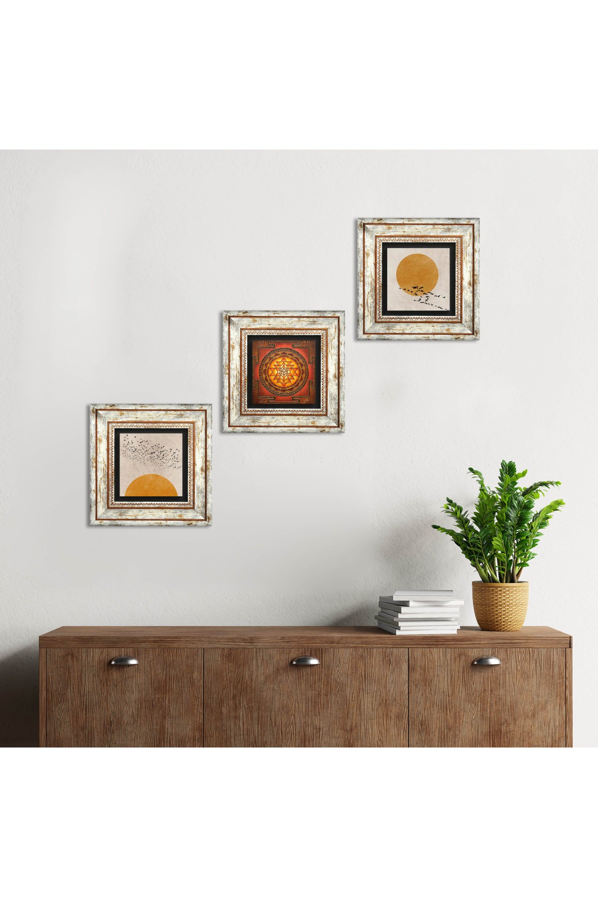 Minimalist, Sri Yantra Stone Wall Painting Framed Wall Decor 3 Piece Painting Set Wall Art