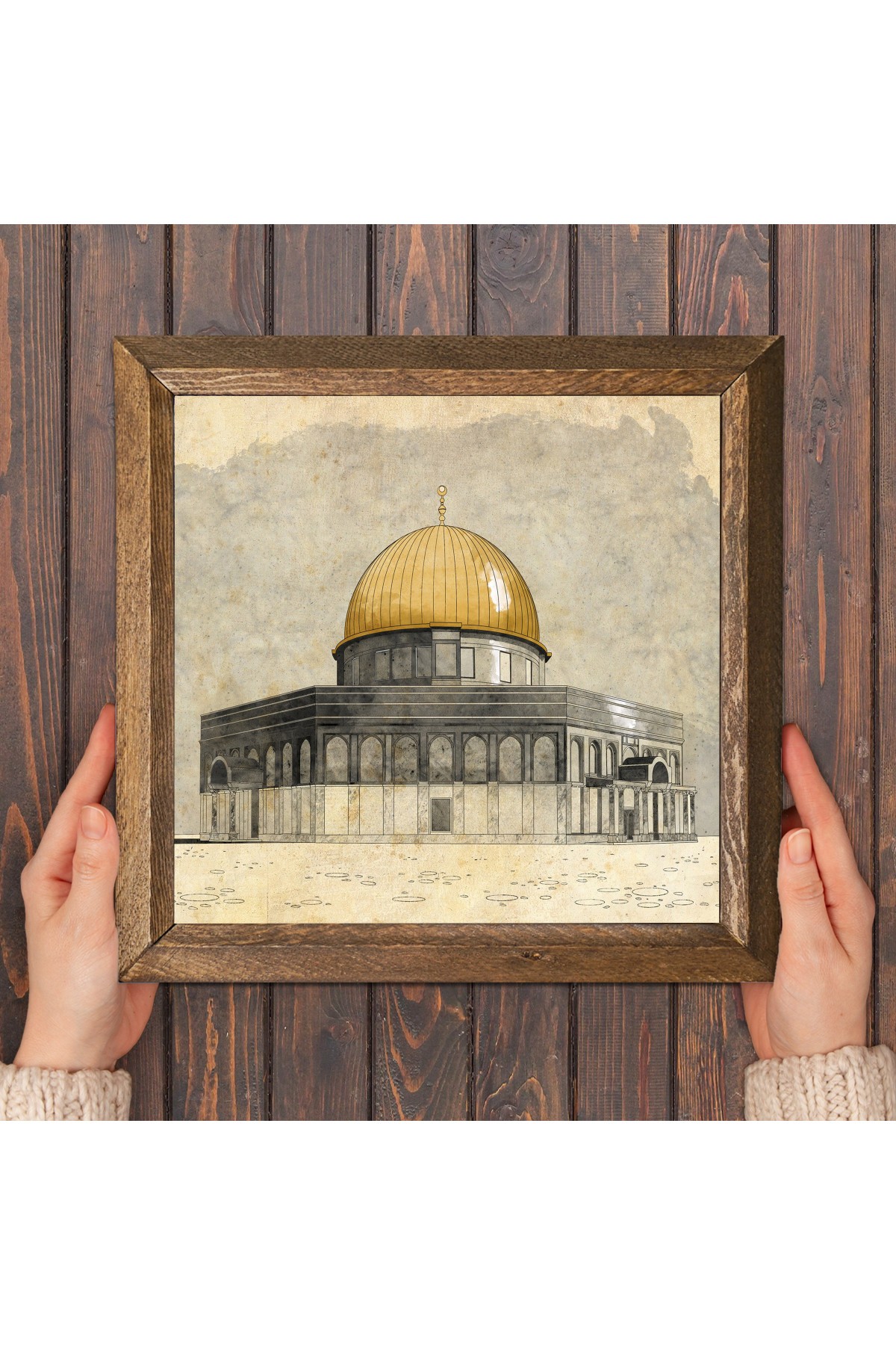 Masjid al-Aqsa Stone Wall Painting Wooden Framed Wall Decoration Wall Art 25x25cm