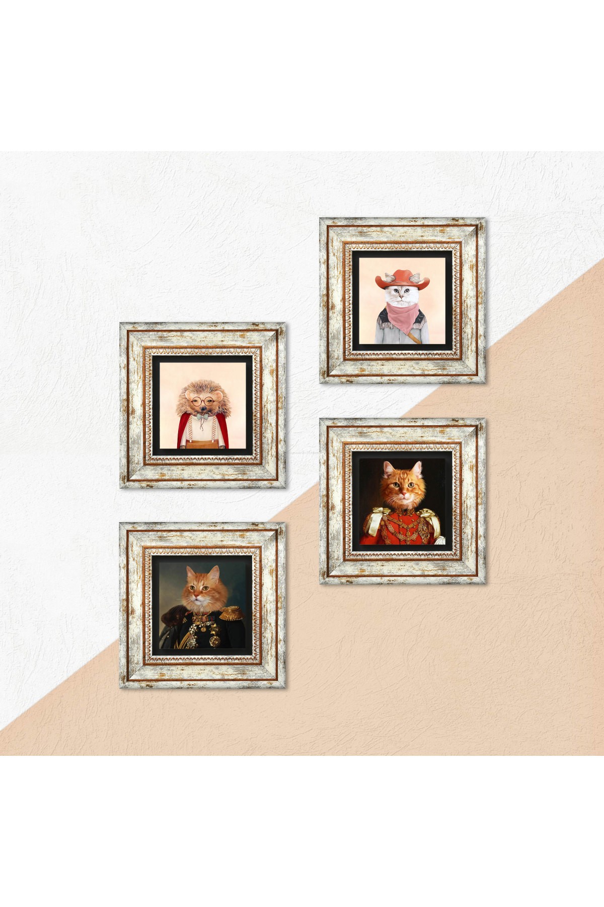 His Highness with His Paw, Hedgehog, Cat Stone Wall Painting Framed Wall Decor 4 Piece Painting Set Wall Art