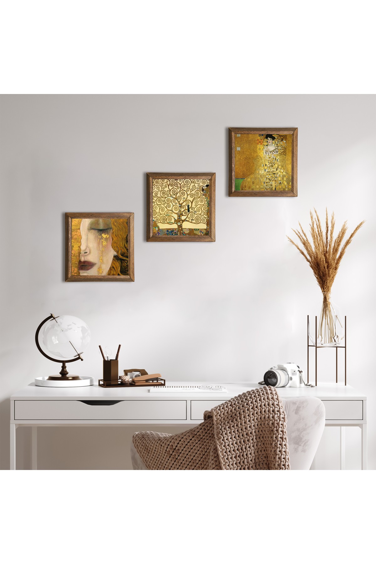 Gustav Klimt Bauer Portrait, Golden Tears, Tree of Life Stone Wall Painting Wood Framed Wall Decor 3 Piece Painting Set Wall Art