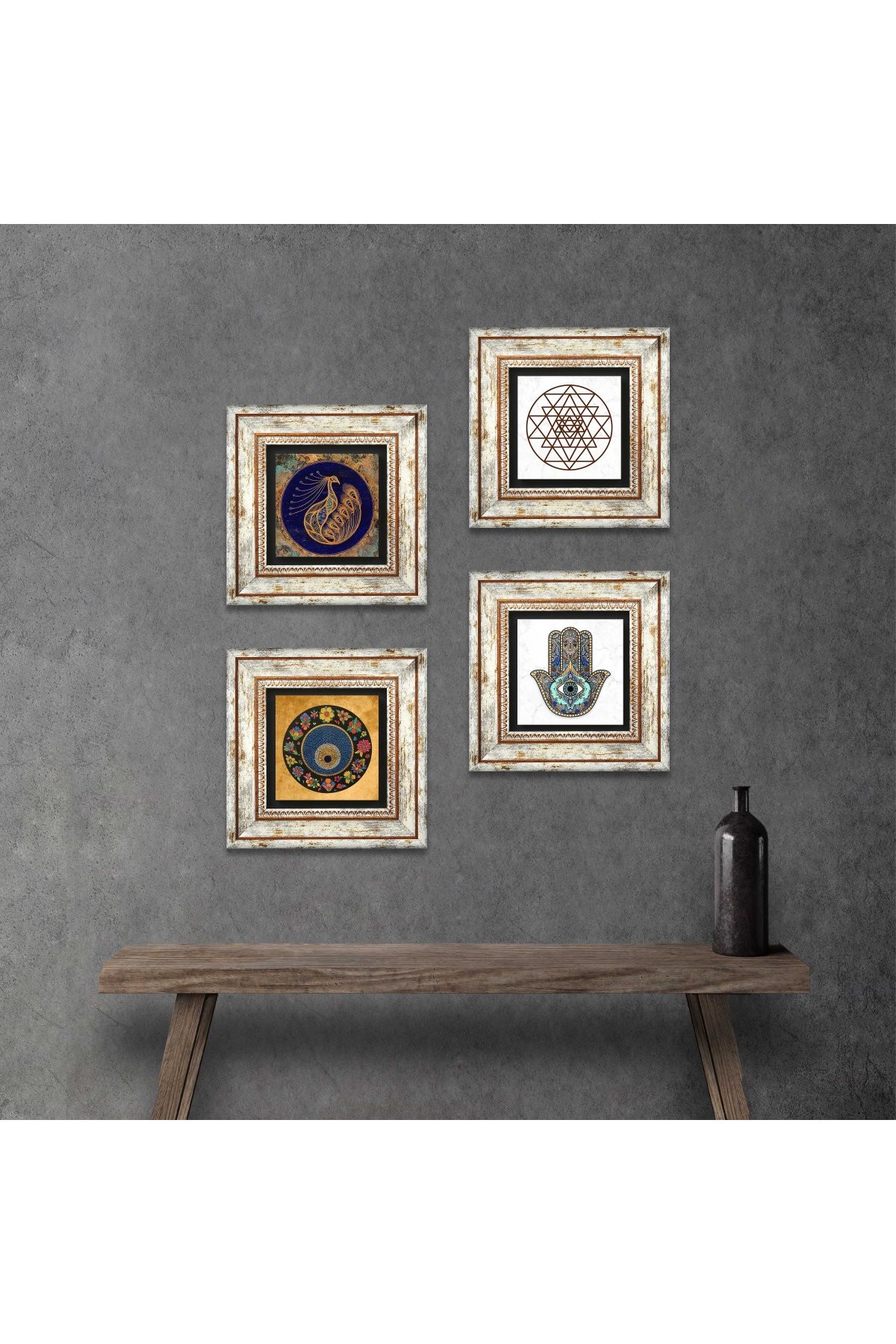 Tavus Kuşu, Sri Yantra, Nazar, Fatma Ana Eli (Hamsa) Taş Duvar Tablosu Çerçeveli Duvar Dekoru 4 Parça Tablo Seti Wall Art