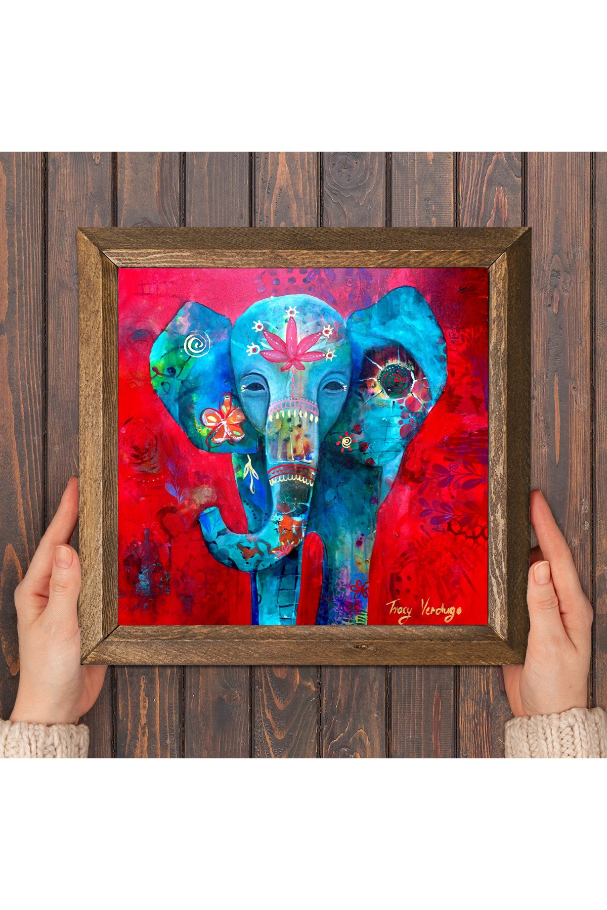 Elephant Stone Wall Painting Wooden Framed Wall Decor Wall Art 25x25cm