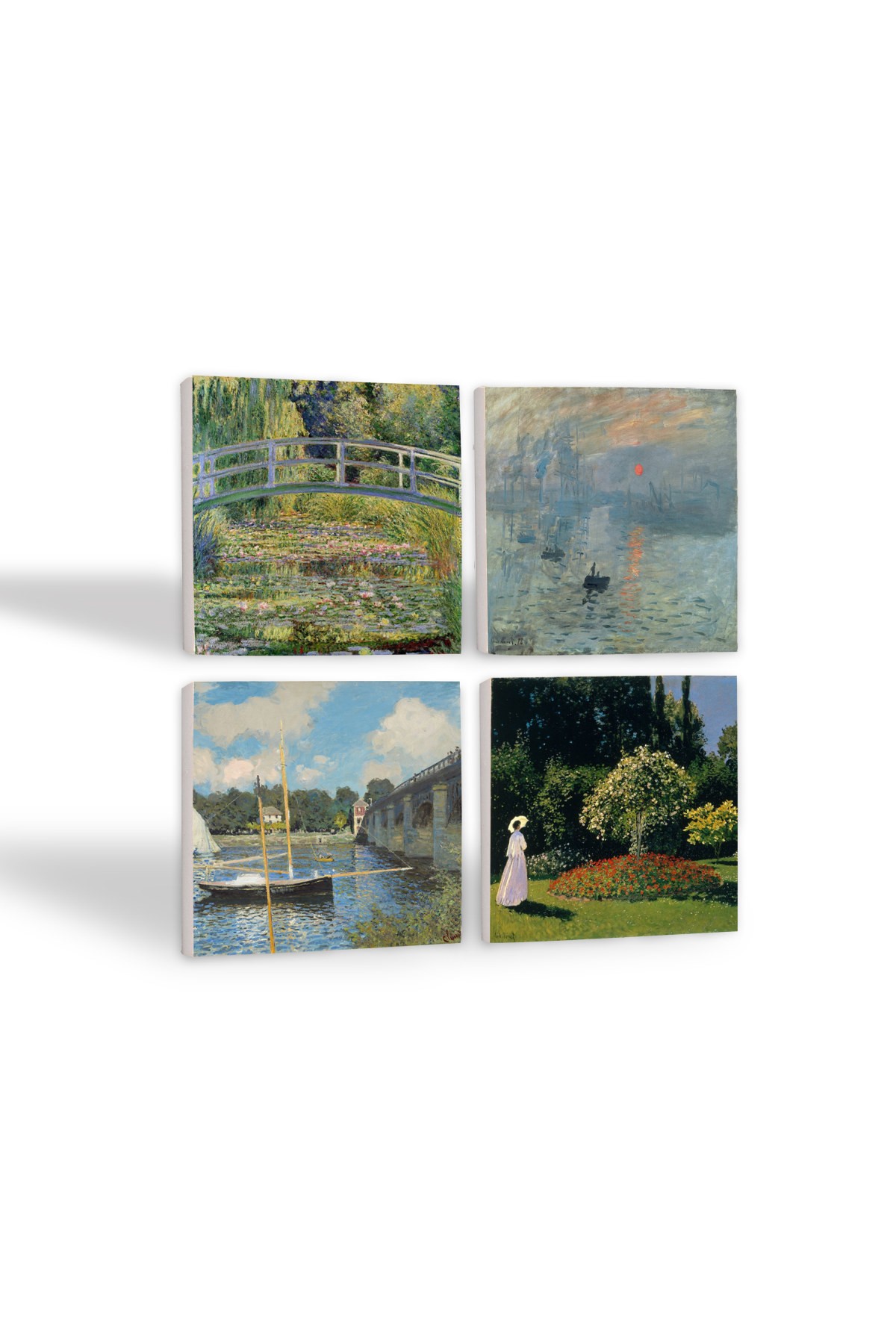 Monet Bahçedeki Kadın, Argenteuil'de Köprü, İzlenim Gün Doğumu, Nilüfer Gölü Taş Bardak Altlığı Masaüstü Koruyucu Altlık 4 Parça Set 10x10cm Stone Coasters