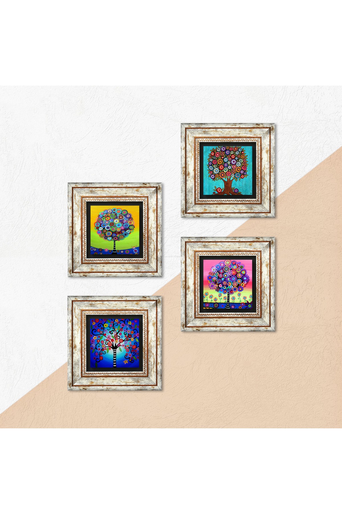 Tree of Life Stone Wall Painting Framed Wall Decor 4 Piece Painting Set Wall Art